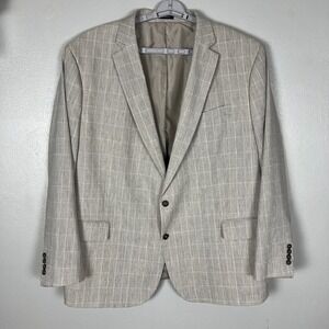 Stafford Sport Coat Blazer Slim Fit Men 54R Tan Plaid Linen Blend Stretch Preppy